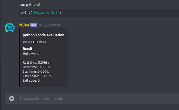 bot in action, running code