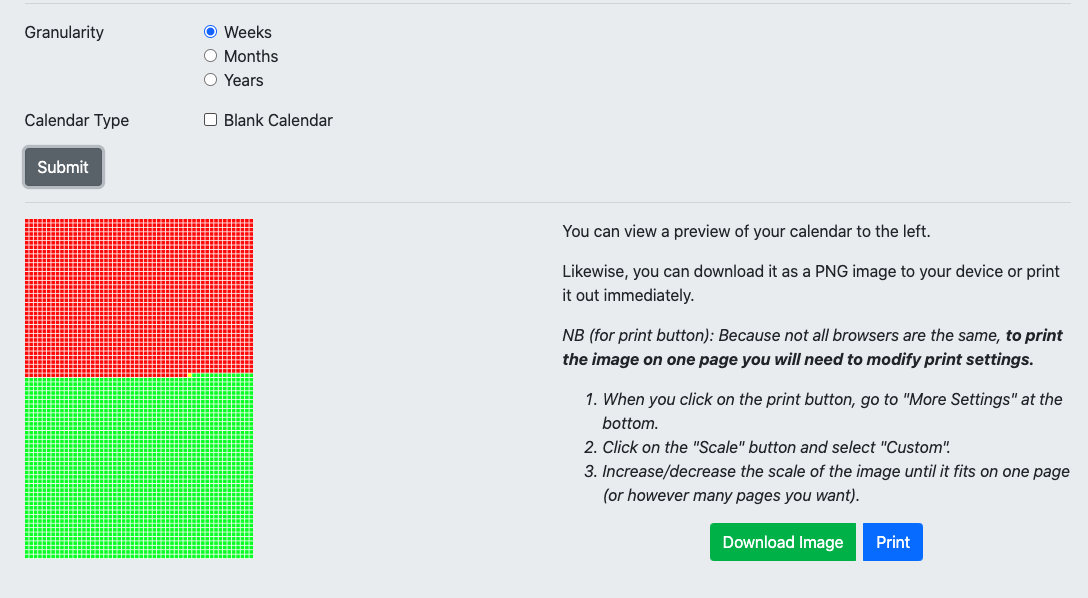 screenshot of downloaded and printable life calendar