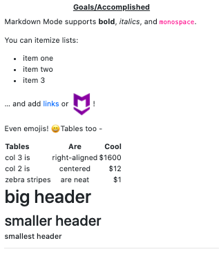 example usage of Markdown Mode for a life box